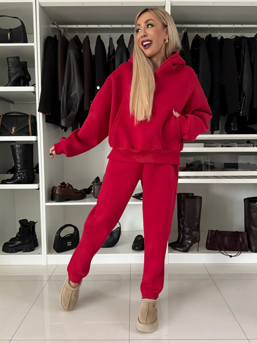Ensemble de survêtement femme, sweat à capuche et pantalon de jogging en polaire douce