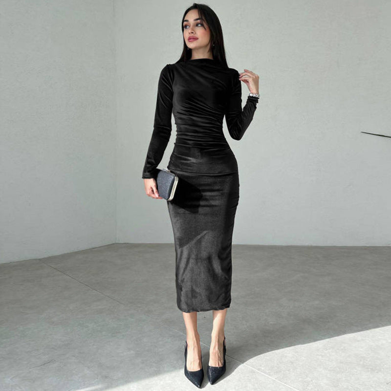 Robe longue élégante pour femme à manches longues, coupe ajustée, effet drapé