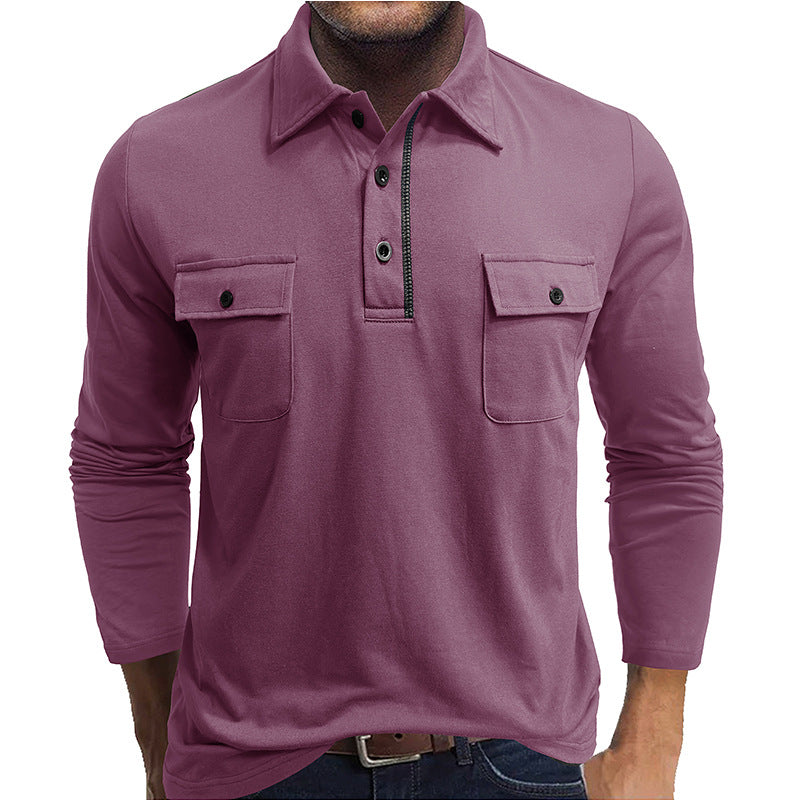 Polo pour hommes, coton, manches longues, poches à rabat