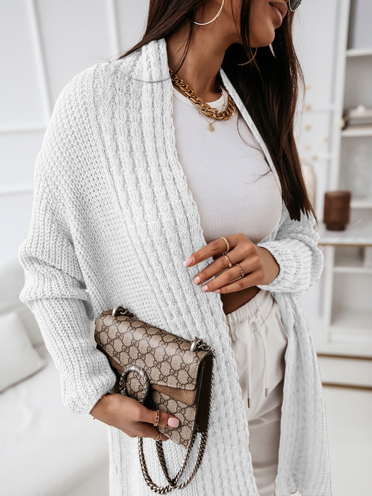 Gilet en tricot à manches longues, aspect laineux, ample et lacé