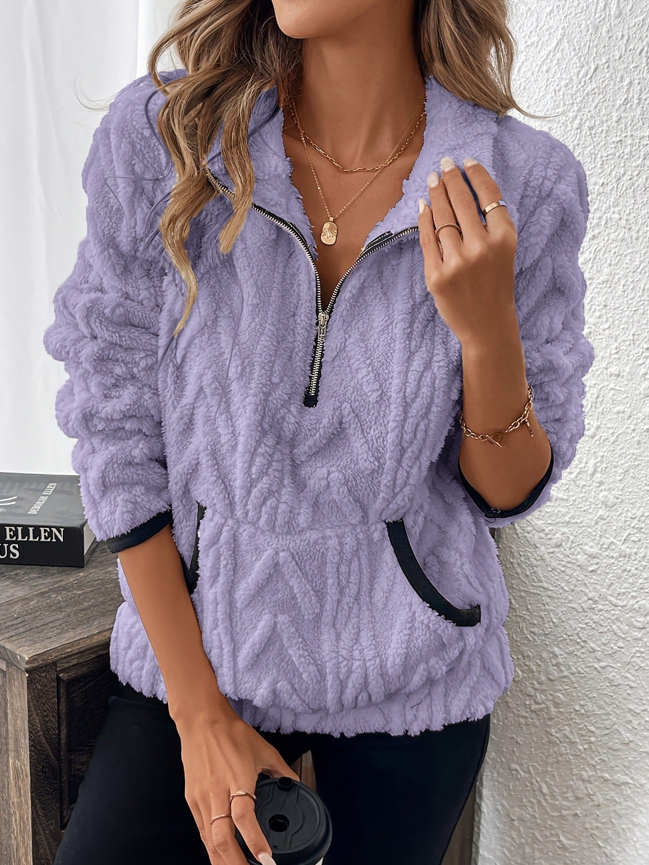 Pull douillet en polaire aspect peluche pour femme à col haut