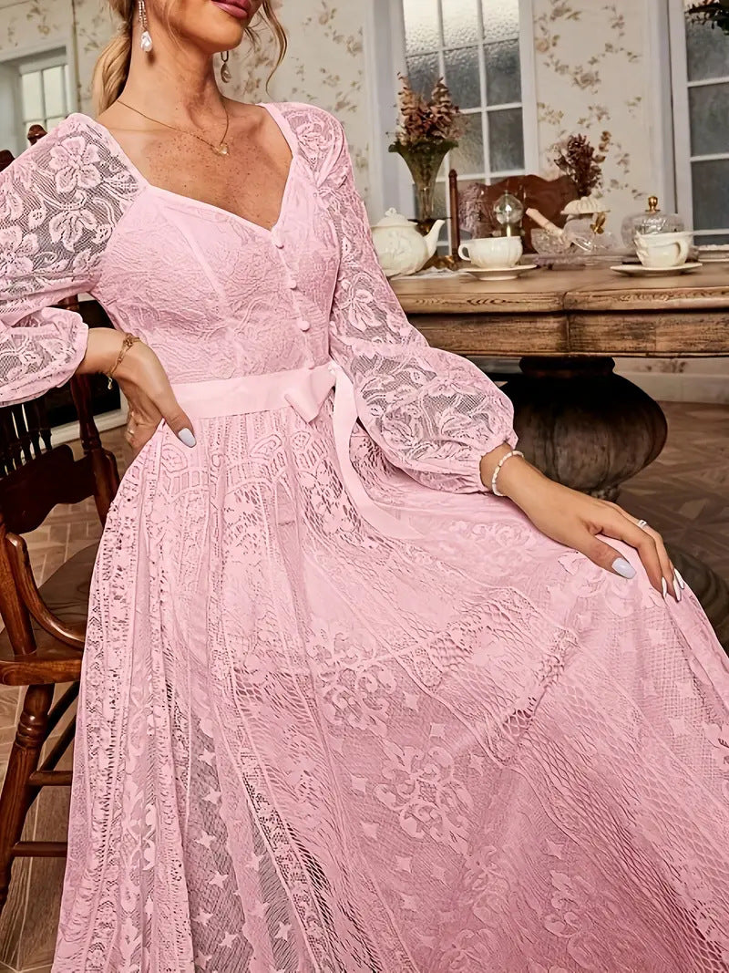 Robe élégante pour femme en dentelle, à manches bouffantes et taille cintrée