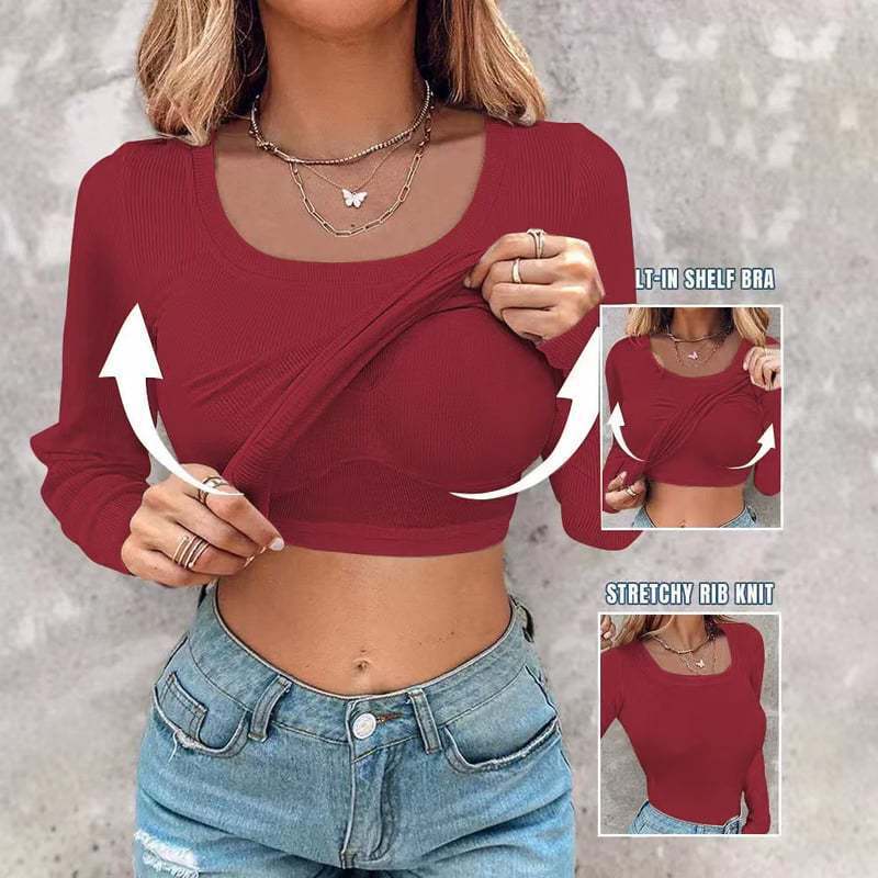 Crop top femme manches longues avec inserts de soutien-gorge stretch