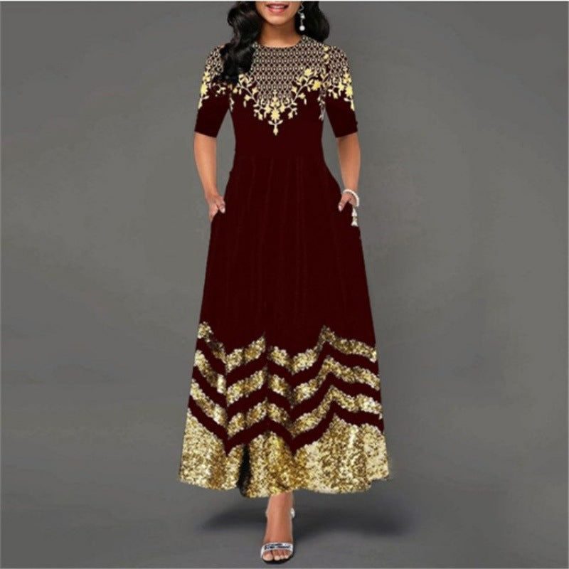 Robe longue femme élégante à motifs dorés robe d'été