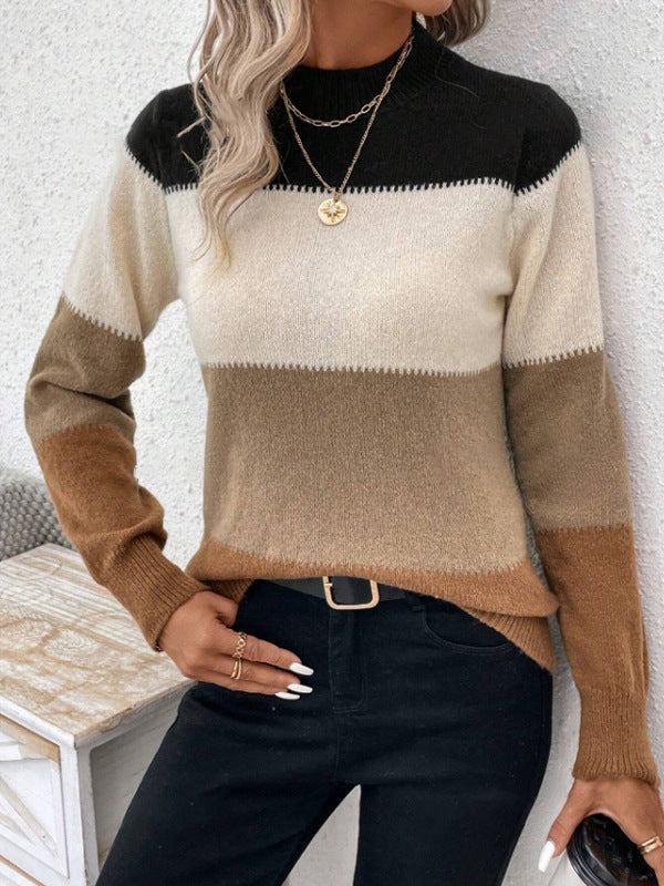 Pull tricoté femme Tendance Rayures color block Col haut