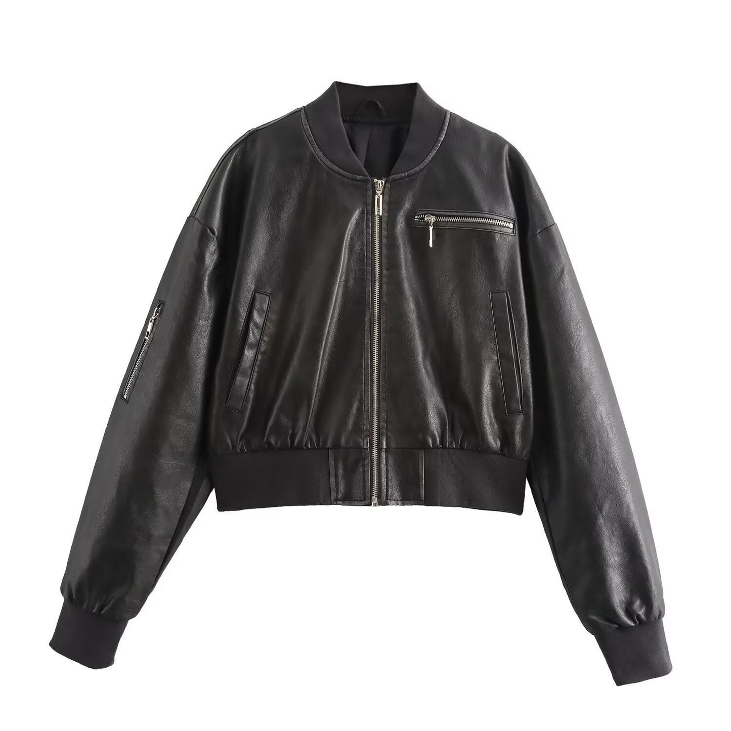 Blouson Aviateur en Cuir Femme Noir Tendance