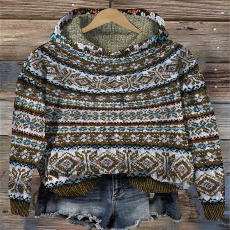 Pull en maille jacquard norvégien à capuche pour femme