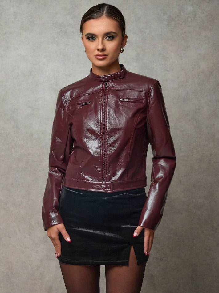 Veste en cuir courte pour femme, style asymétrique chic