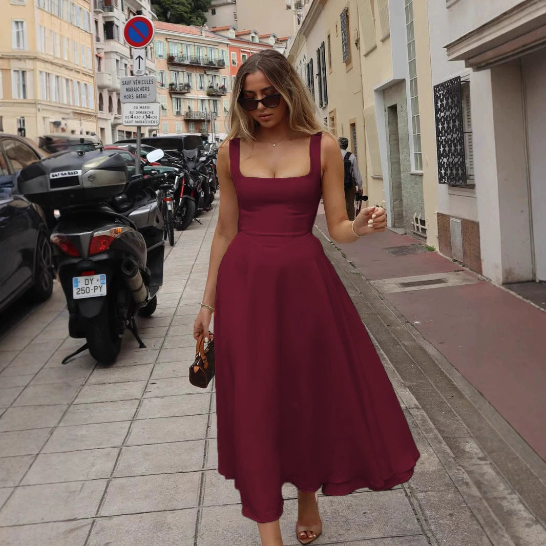 Robe longue femme élégante ligne A décolleté carré