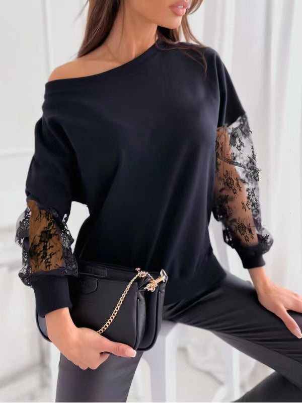 Pull élégant femme manches dentelle asymétrique