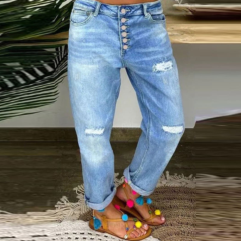 Damen Boyfriend Jeans Ripped Trendy Knopfleiste - IdealeKleiden