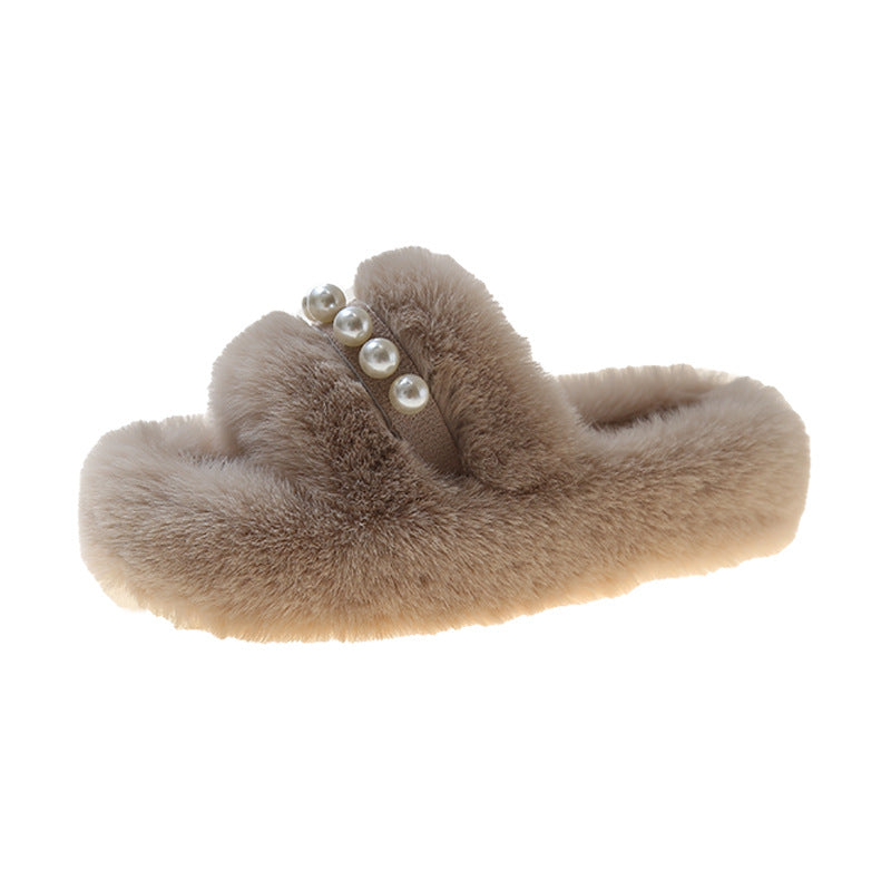 Chaussons douillets pour femmes en peluche avec décor de perles
