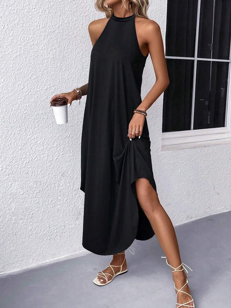 Robe longue d'été élégante pour femme avec col montant et poches