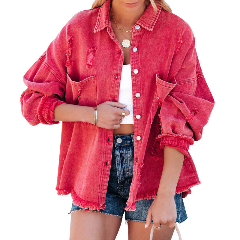 Chemisier en jean oversize à franges pour femme, style tendance