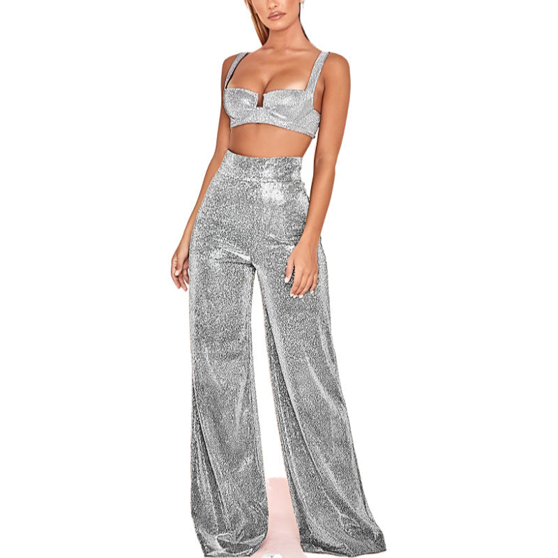 Ensemble deux pièces femme pailleté taille haute élégant