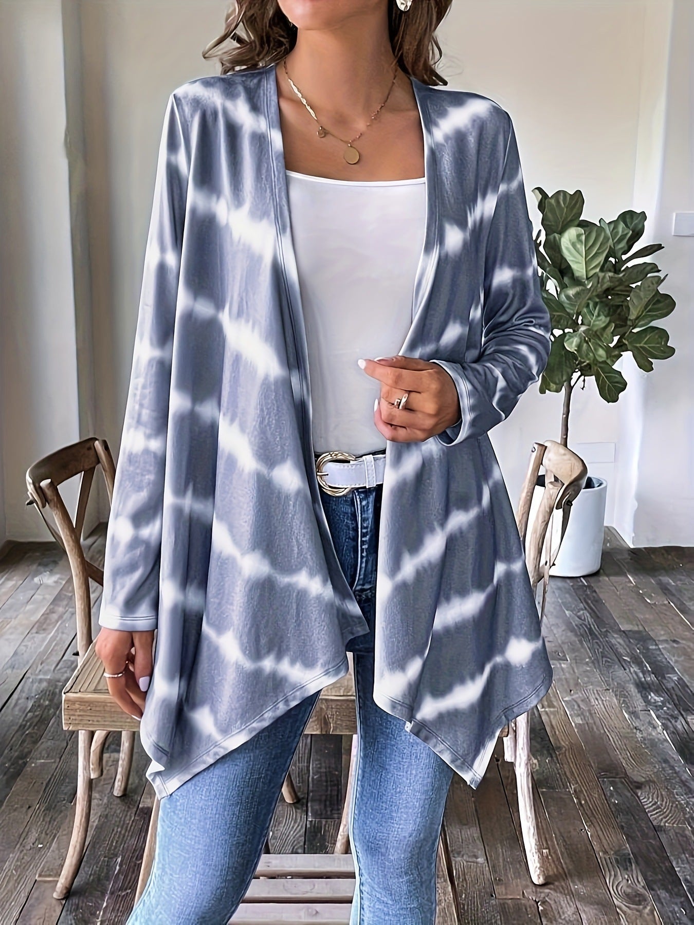Long Cardigan Ouvert Devant Motif Tie-Dye Femme