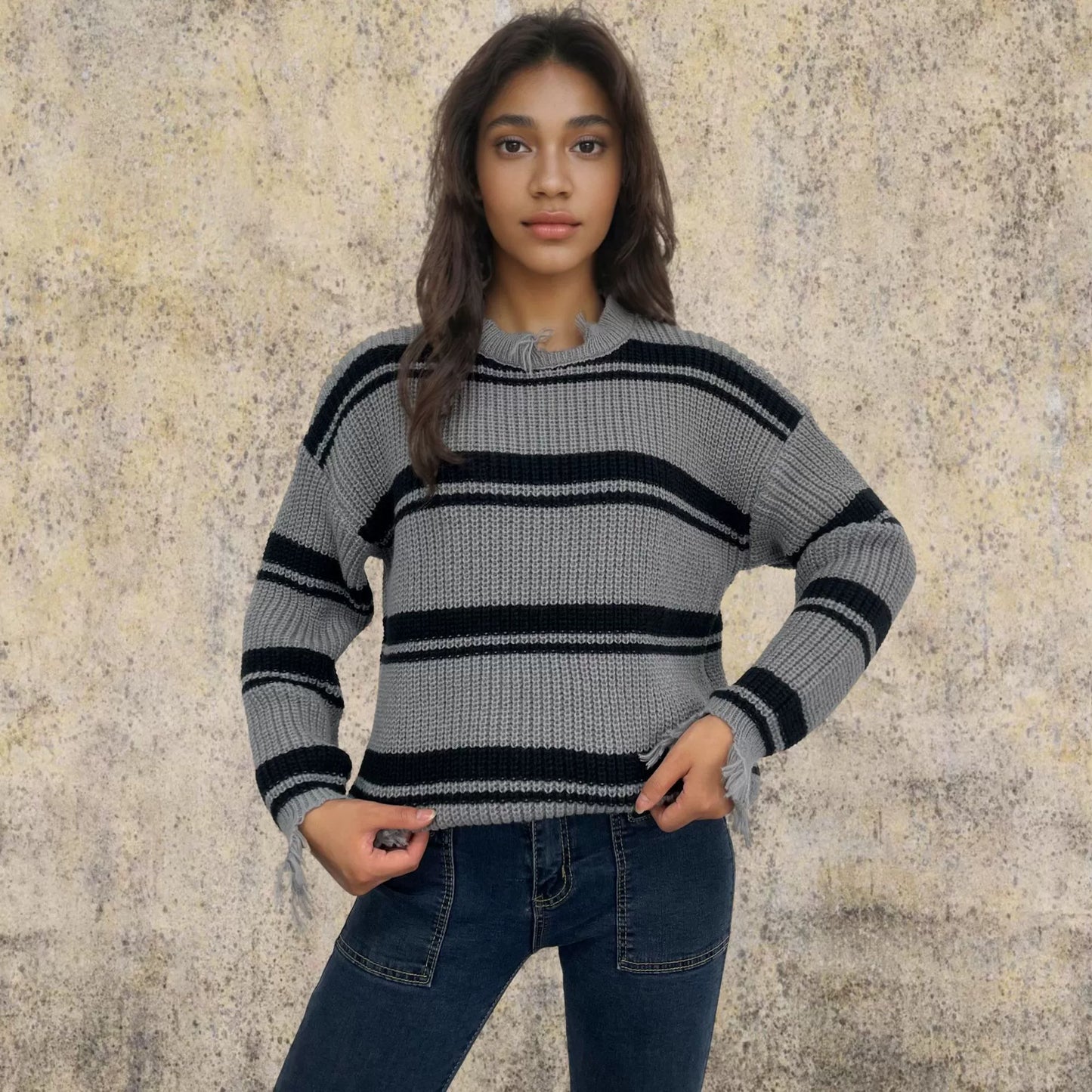 Pull-over oversized en maille de laine à rayures contrastantes