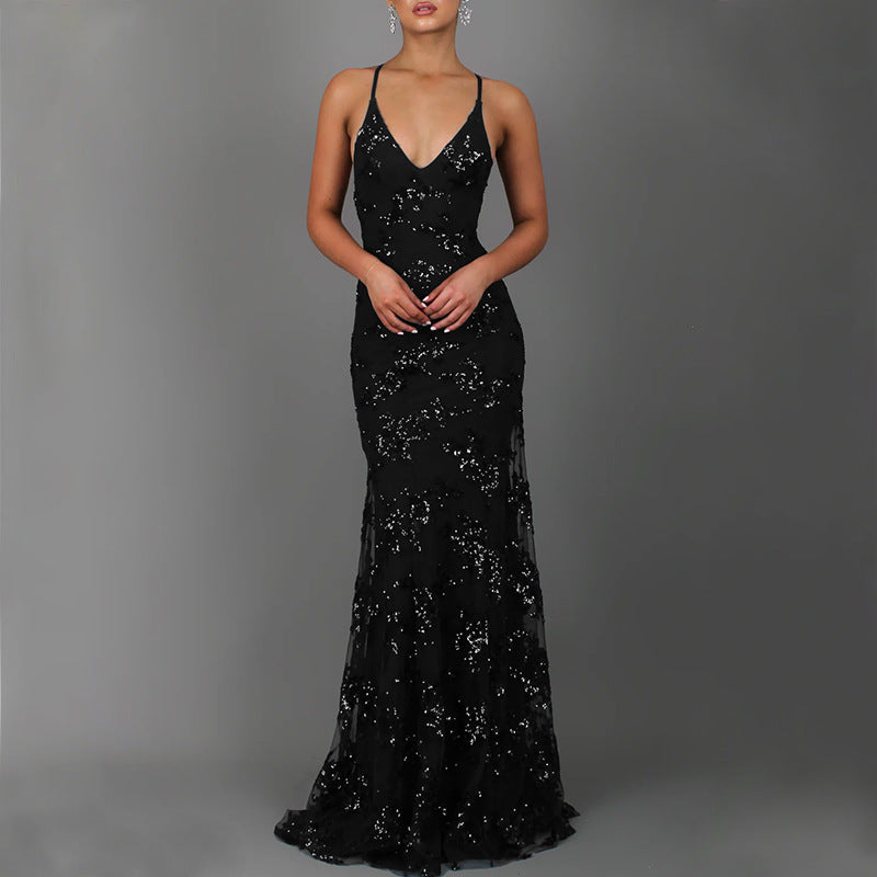 Robe de soirée glamour pour femme longue à sequins décolleté en V