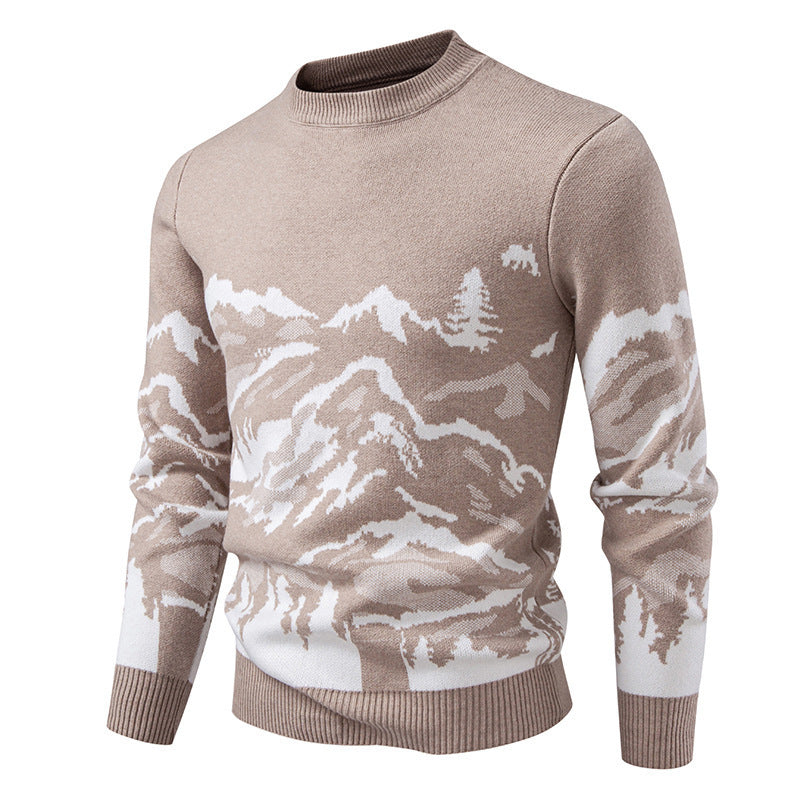 Pull en tricot pour homme, motif montagne, col montant, tendance