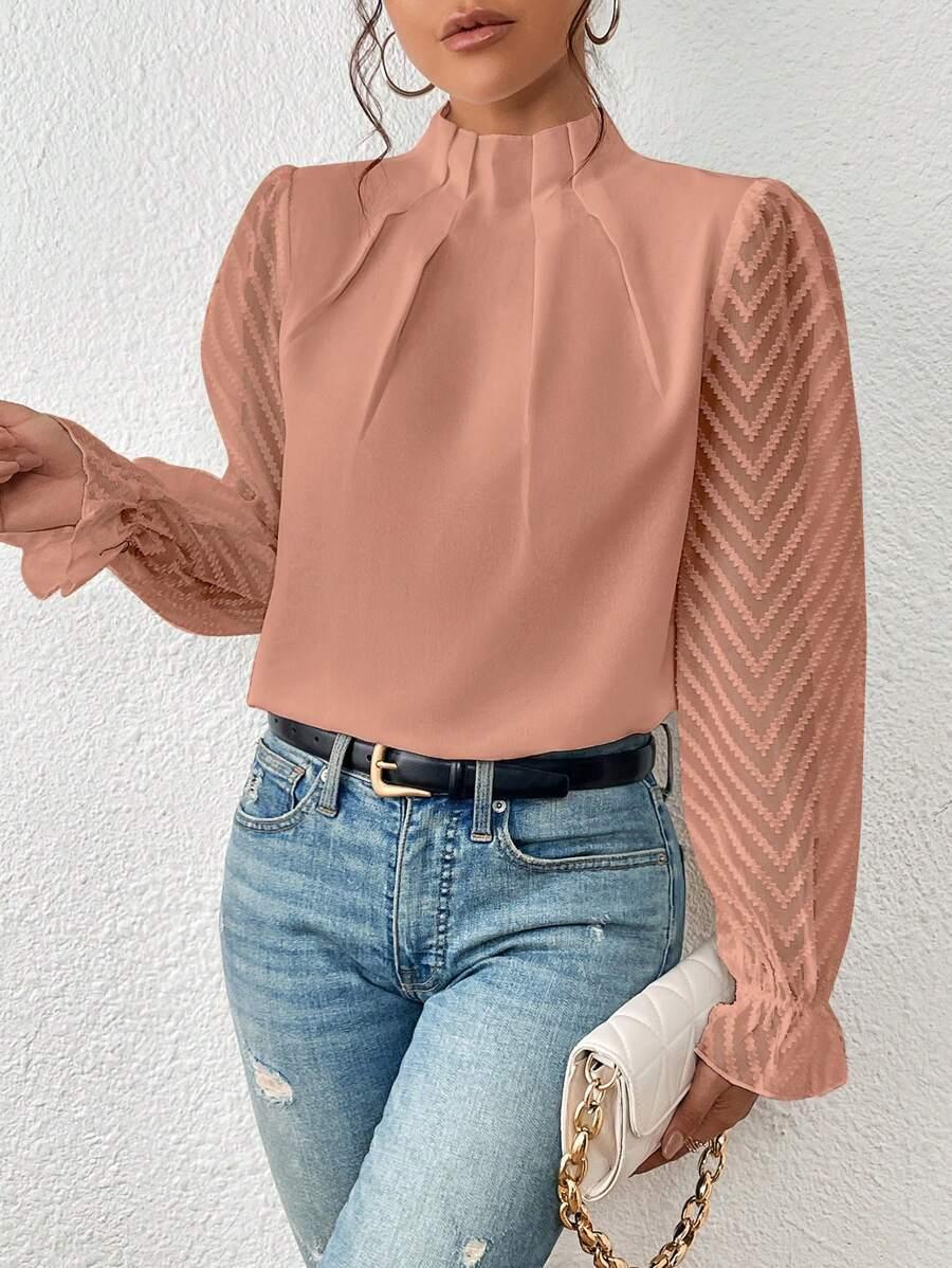 Chemisier élégant pour femme Col plissé Manches transparentes