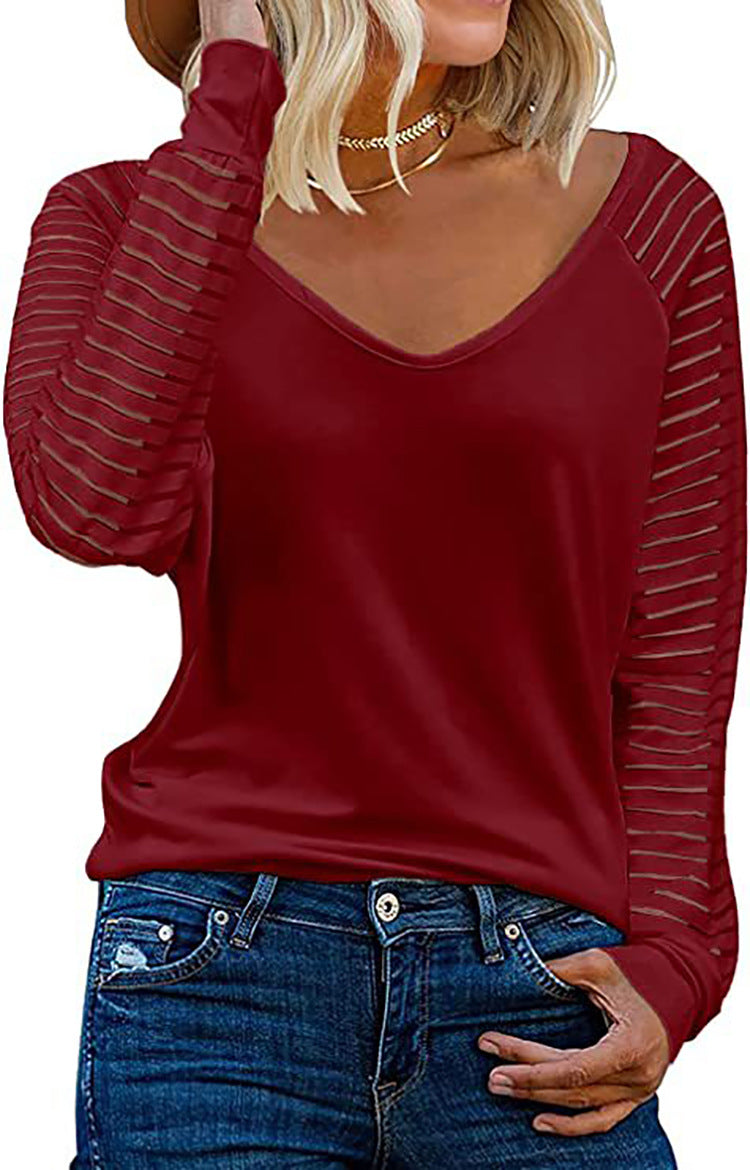 Haut Femme Manches Longues Col V Rayures Manches Tendance