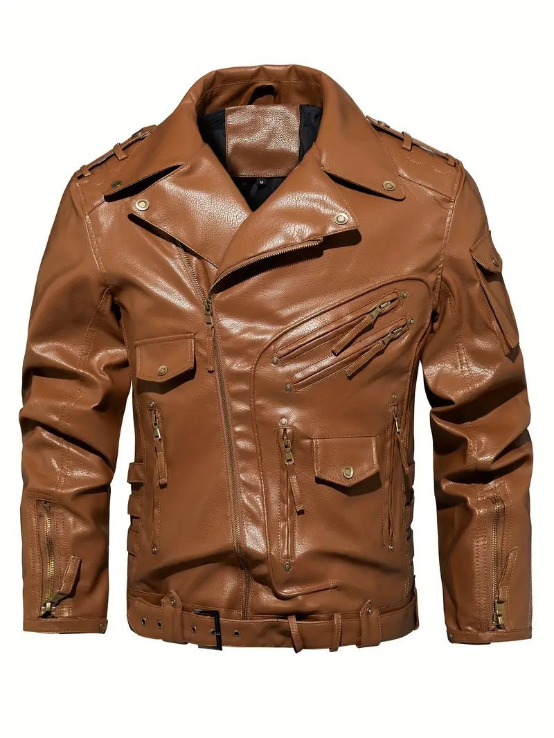 Blouson en cuir pour homme, style motard, fermeture éclair, poches