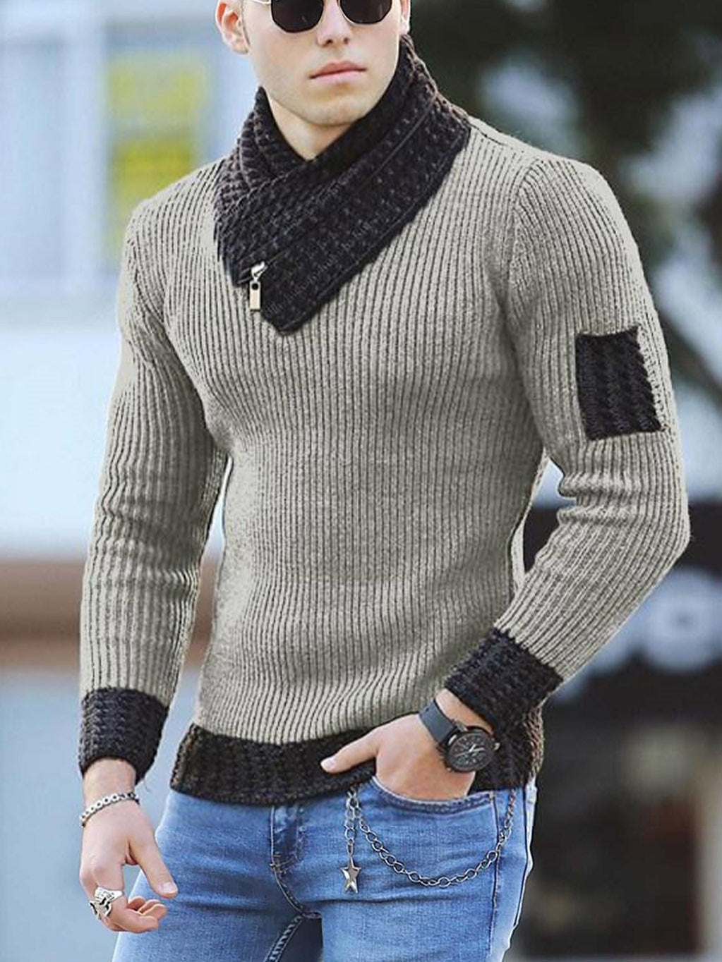 Pull en tricot pour homme Col moderne Fermeture éclair