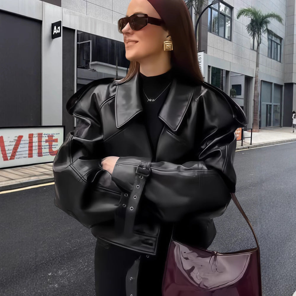 Veste en cuir pour femme coupe oversize poignets tendance