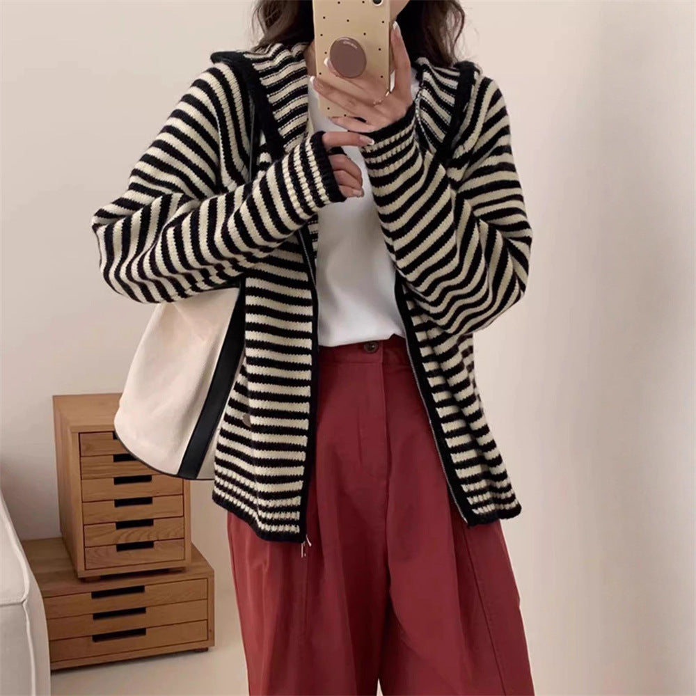 Veste rayée pour femme, parka à capuche avec poches