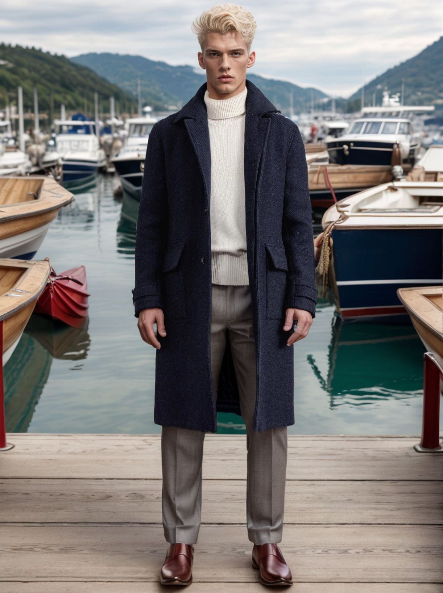 Manteau long homme à motif pied-de-poule élégant, noir