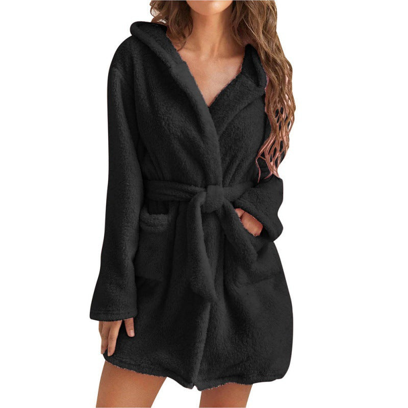 Robe de chambre polaire douce pour femme à capuche