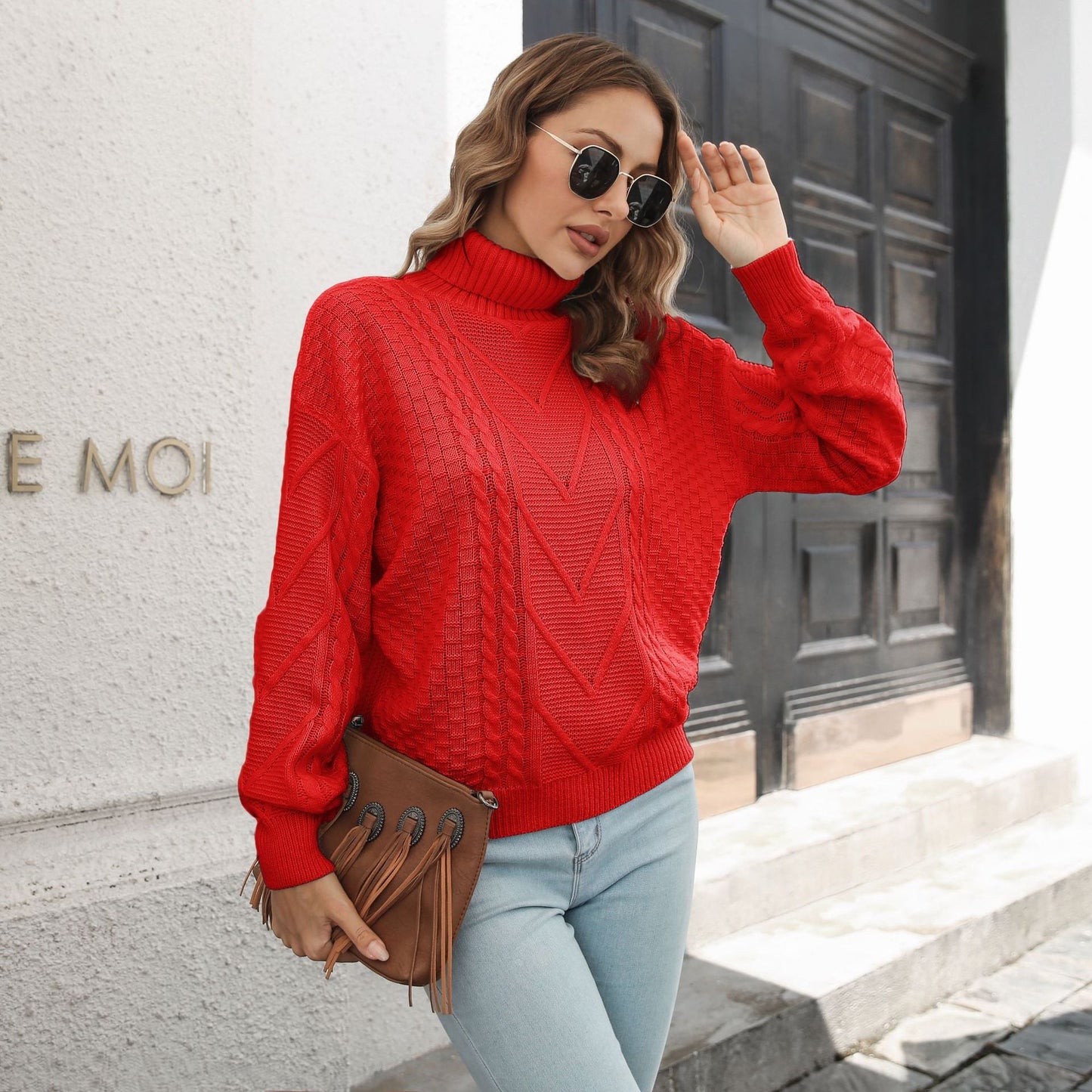 Pull en tricot torsadé à col roulé élégant pour femmes