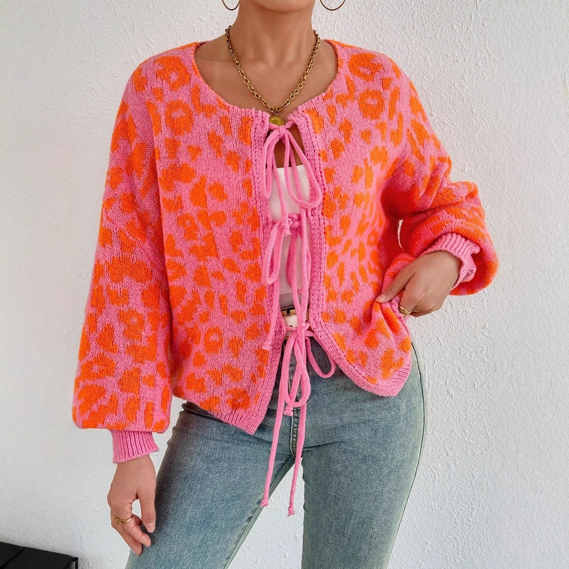 Damen Strickjacke Leopardenmuster Elegant Verstellbar - IdealeKleiden