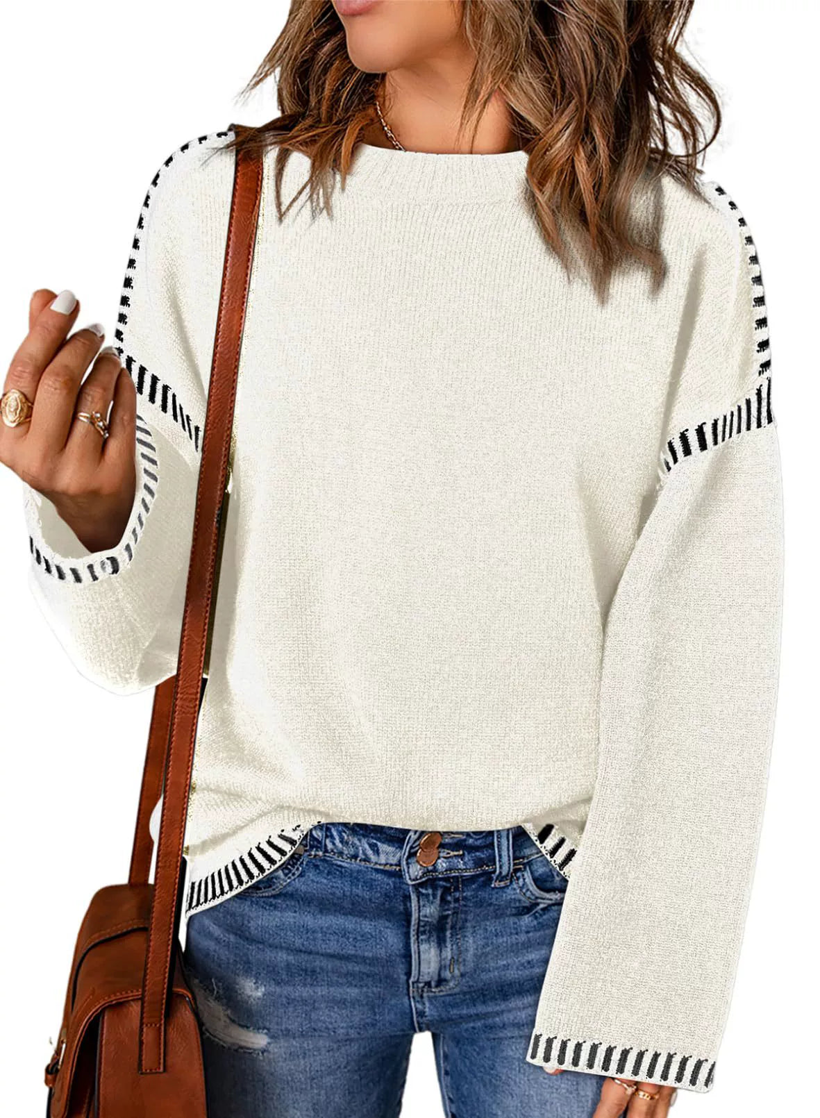 Vêtements amples pour femmes Col rond Tricot torsadé Manches longues Rayures