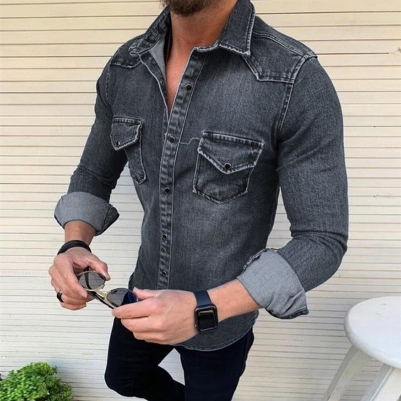 Chemise en jean pour homme coupe slim moderne avec poches poitrine
