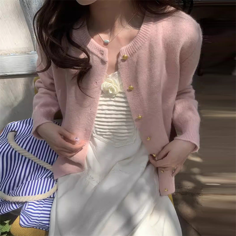 Cardigan rétro femme col rond boutons dorés
