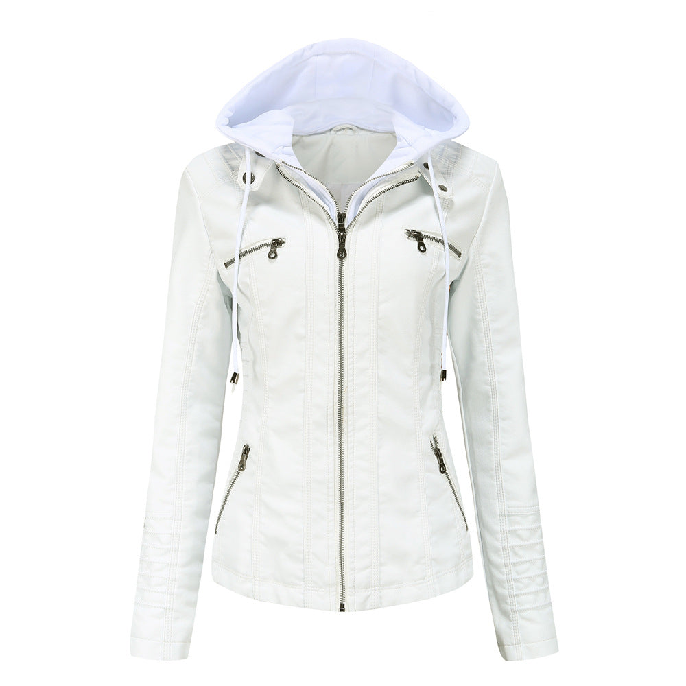 Blouson en cuir élégant, coupe slim, capuche, fermeture éclair