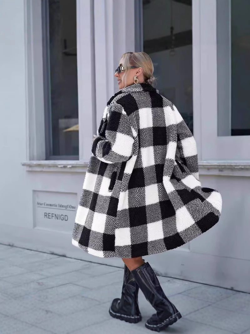 Langer Oversized Mantel Weich Sherpa Kariert Wickelkragen - IdealeKleiden