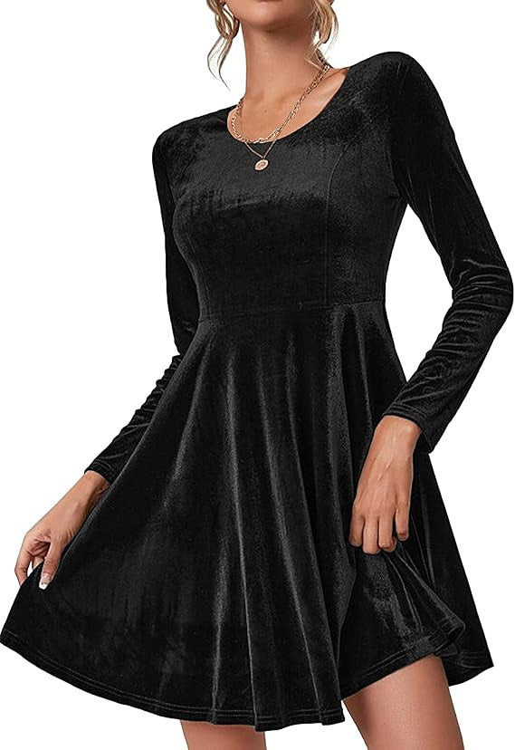 Robe de soirée noire élégante en velours coupe trapèze pour femme