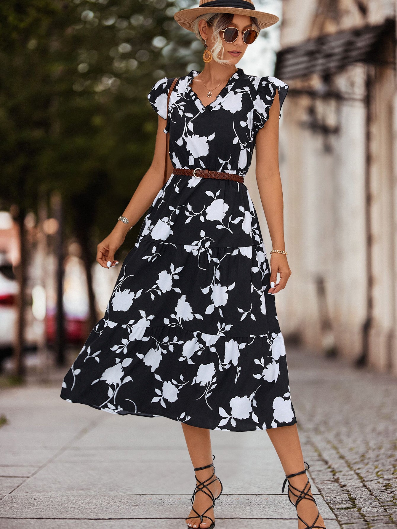 Robe midi femme à fleurs Volants Élégante Lacée