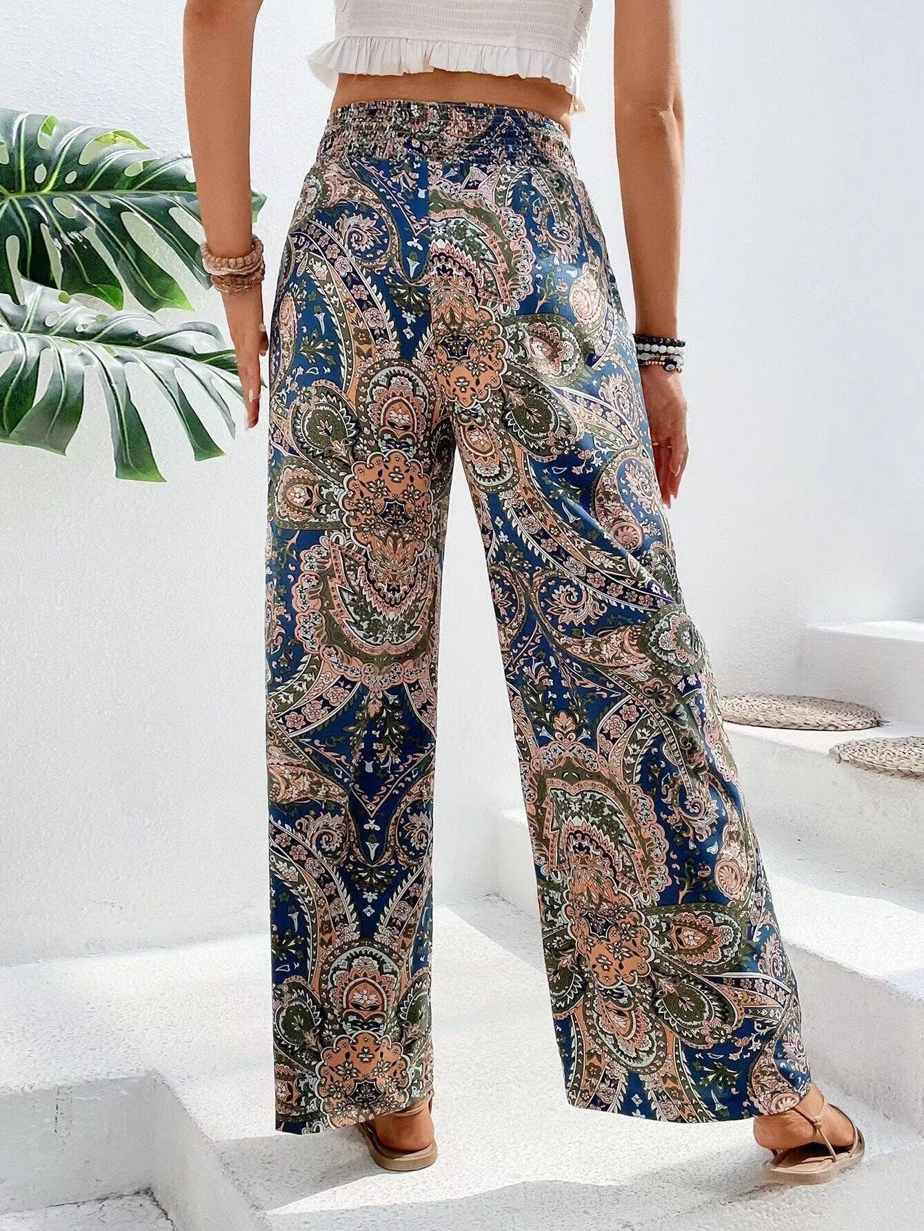 Pantalon Palazzo Femme Élastique Motif Cachemire Confort