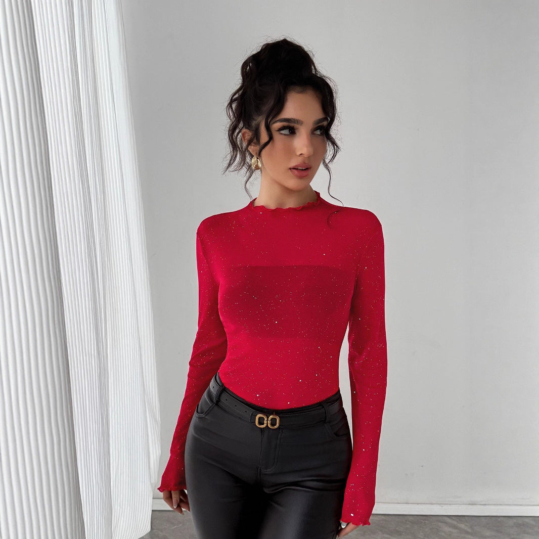 Damen Body Elegant Rüschenkragen Glitzerdetails - IdealeKleiden