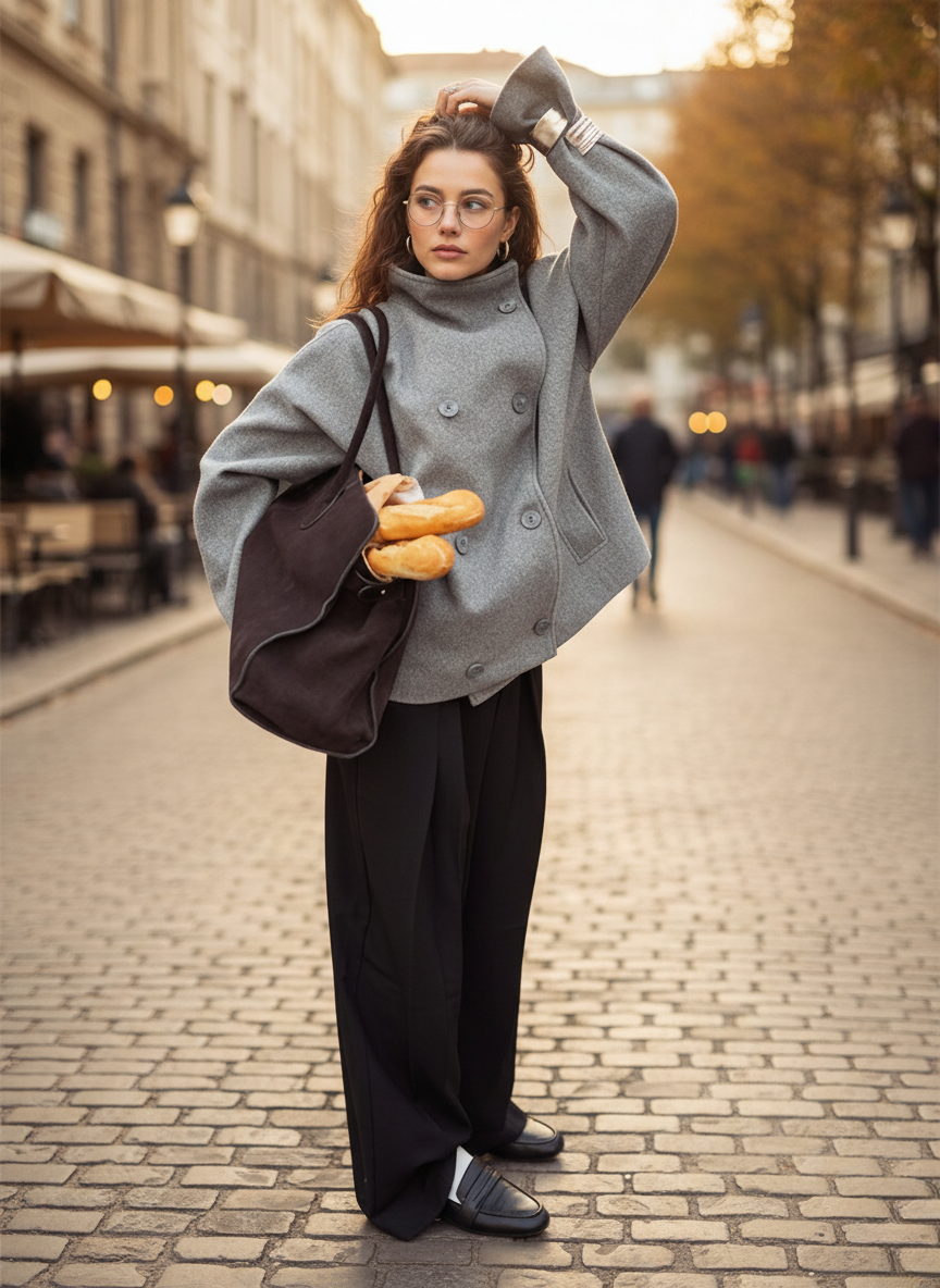 Veste oversize en laine, col montant, double boutonnage
