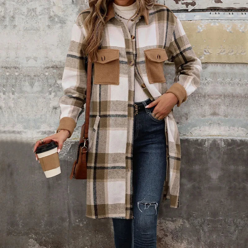 Veste matelassée longue à carreaux pour femme avec poches