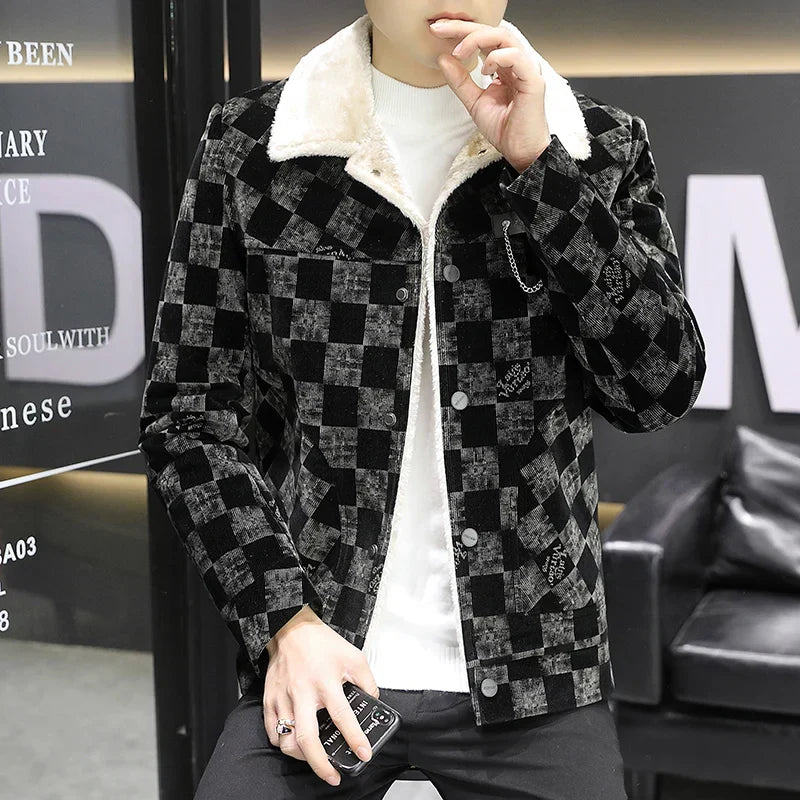 Veste en velours côtelé à carreaux tendance pour hommes