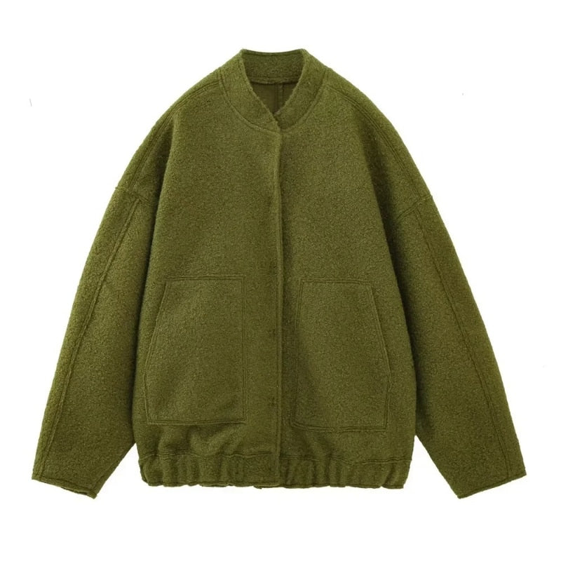 Grand manteau en laine pour femme, col rond, boutons