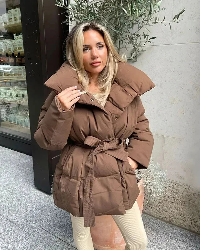 Doudoune femme marron oversize ceinture