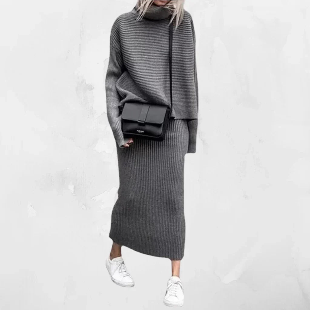 Ensemble pull à col roulé et jupe en maille pour femme