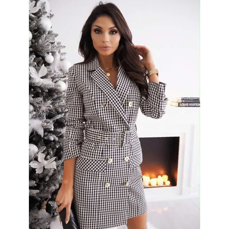 Robe d'affaires écossaise à ceinture pour femmes