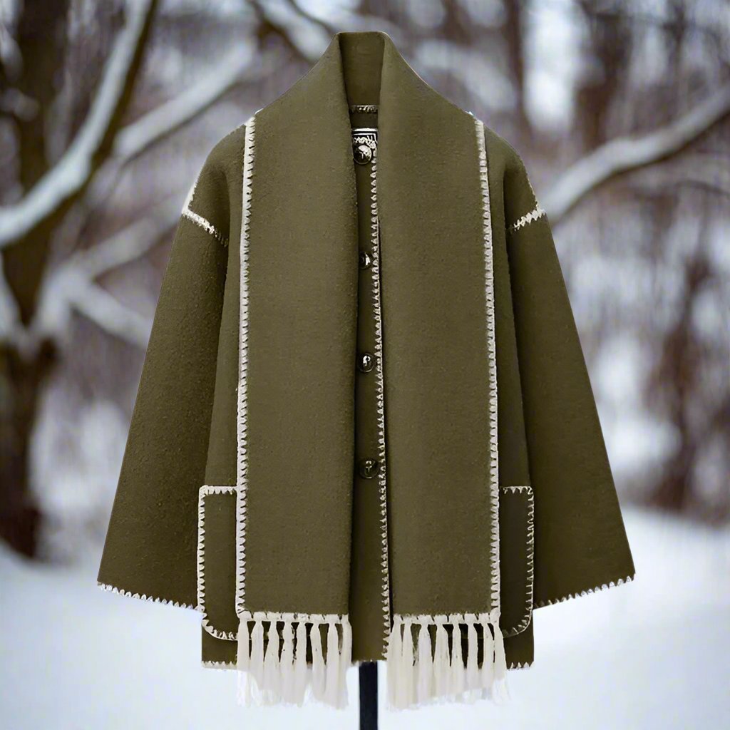 Manteau en laine pour femme coupe ample fermeture boutonnée avec coutures décoratives et écharpe